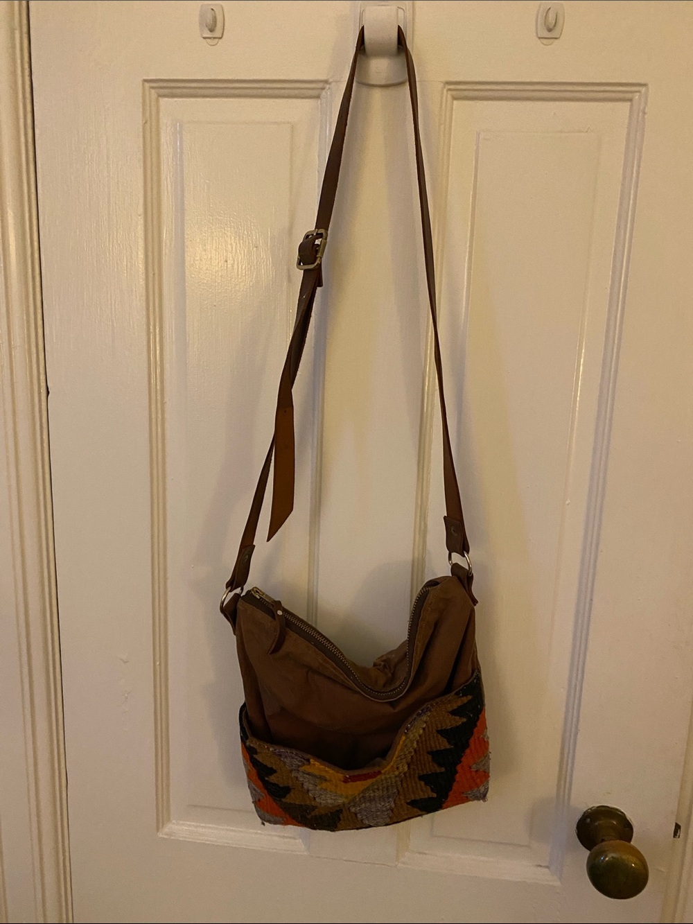 Boho Canvas Crossbody Bag in Brown with Southwestern Accent